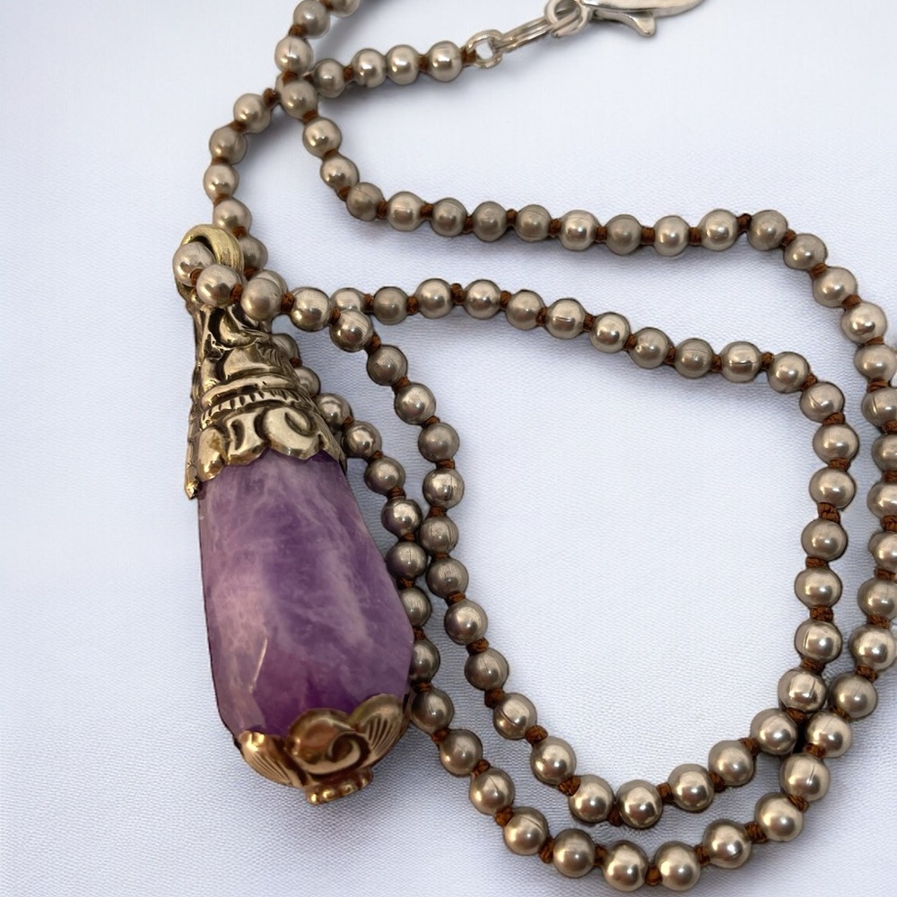 Luxurious Tibetan lepidolite purple pendant. Silver engraving is gorgeous!